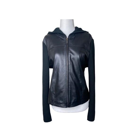 I.N.C Leather Jacket Womens Large Petite Black Pockets Hooded Ladies Jacket - Picture 1 of 11